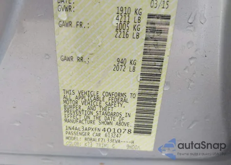 2015 Nissan Altima 2.5 S из США, поврежденный, VIN 1N4AL3APXFN401078